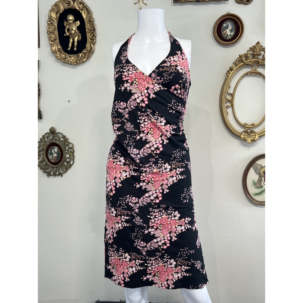 Vintage Y2K Janette Black Pink Floral Print Halter Neck Midi Dress Size 10